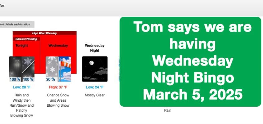 we are having bingo wednesday march 5, 2025
